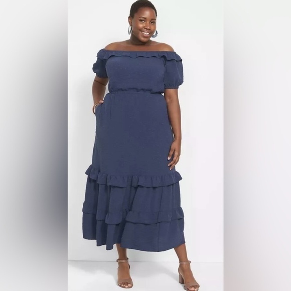 Lane Bryant Off the Shoulder‎ Maxi Dress With Tiered Ruffles 14 Indigo Blue